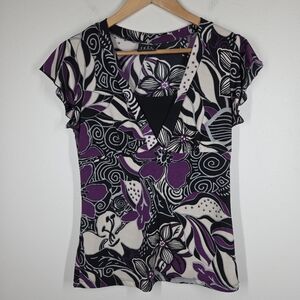 Vtg Y2K JKLA Purple Floral Babydoll Top Stretchy Flutter Sleeve Fairy Art Grunge